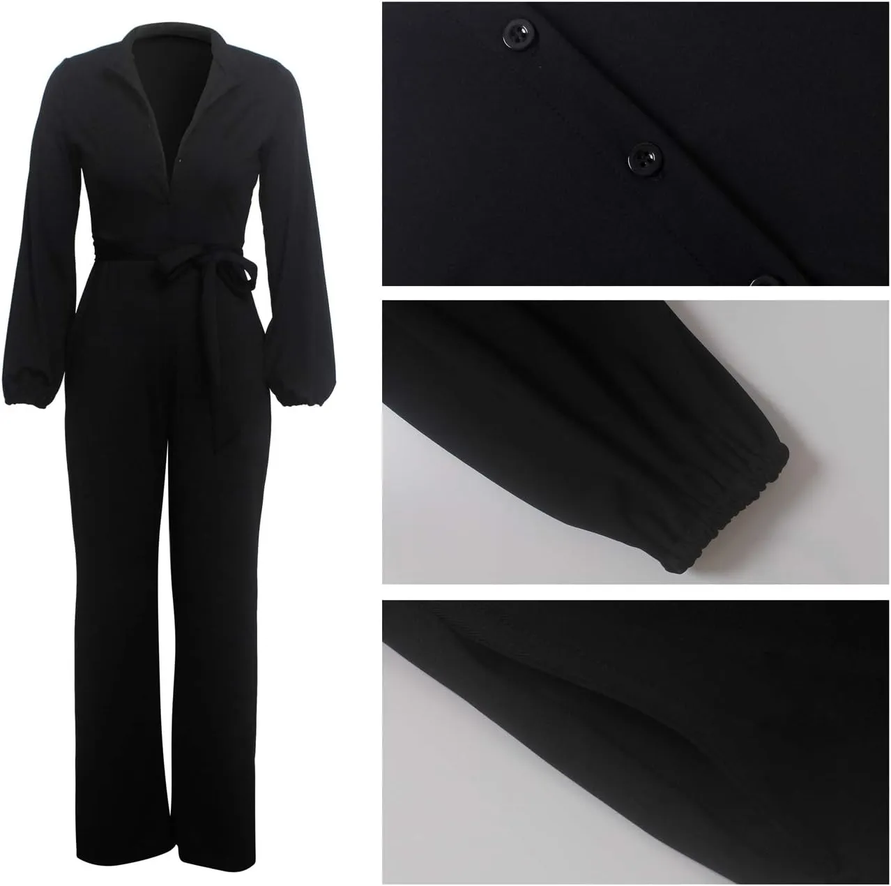 Yiershu Women's Jumpsuits Elegant Button Down Sexy V Neck Long Sleeve Bodycon Long Straight Pants With Belt