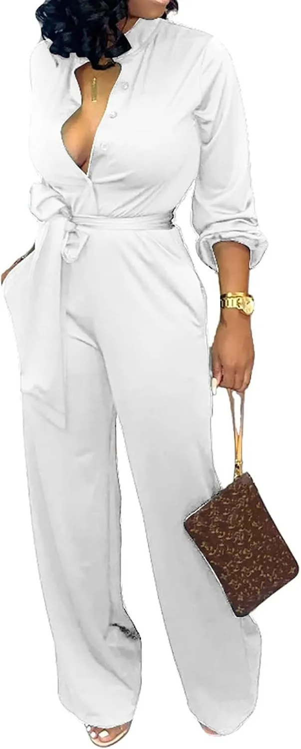 Yiershu Women's Jumpsuits Elegant Button Down Sexy V Neck Long Sleeve Bodycon Long Straight Pants With Belt