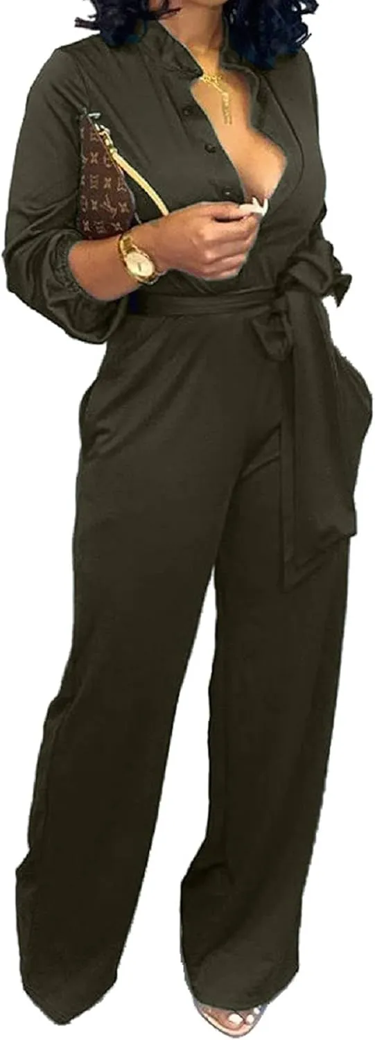 Yiershu Women's Jumpsuits Elegant Button Down Sexy V Neck Long Sleeve Bodycon Long Straight Pants With Belt