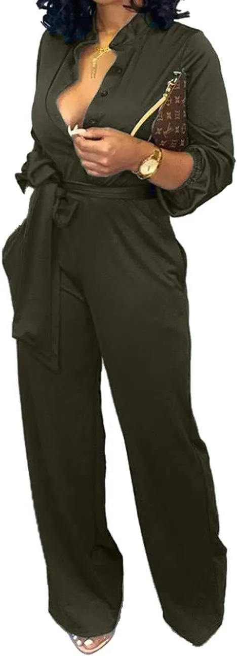 Yiershu Women's Jumpsuits Elegant Button Down Sexy V Neck Long Sleeve Bodycon Long Straight Pants With Belt