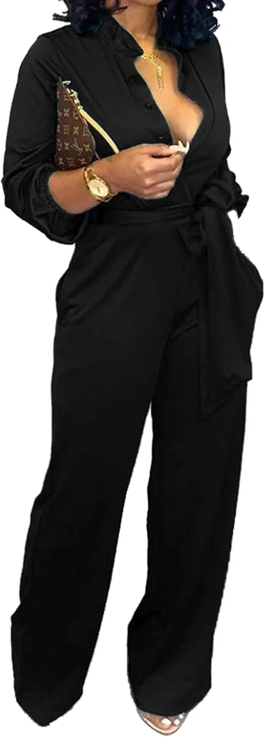 Yiershu Women's Jumpsuits Elegant Button Down Sexy V Neck Long Sleeve Bodycon Long Straight Pants With Belt