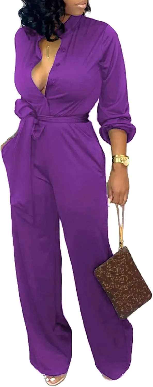 Yiershu Women's Jumpsuits Elegant Button Down Sexy V Neck Long Sleeve Bodycon Long Straight Pants With Belt