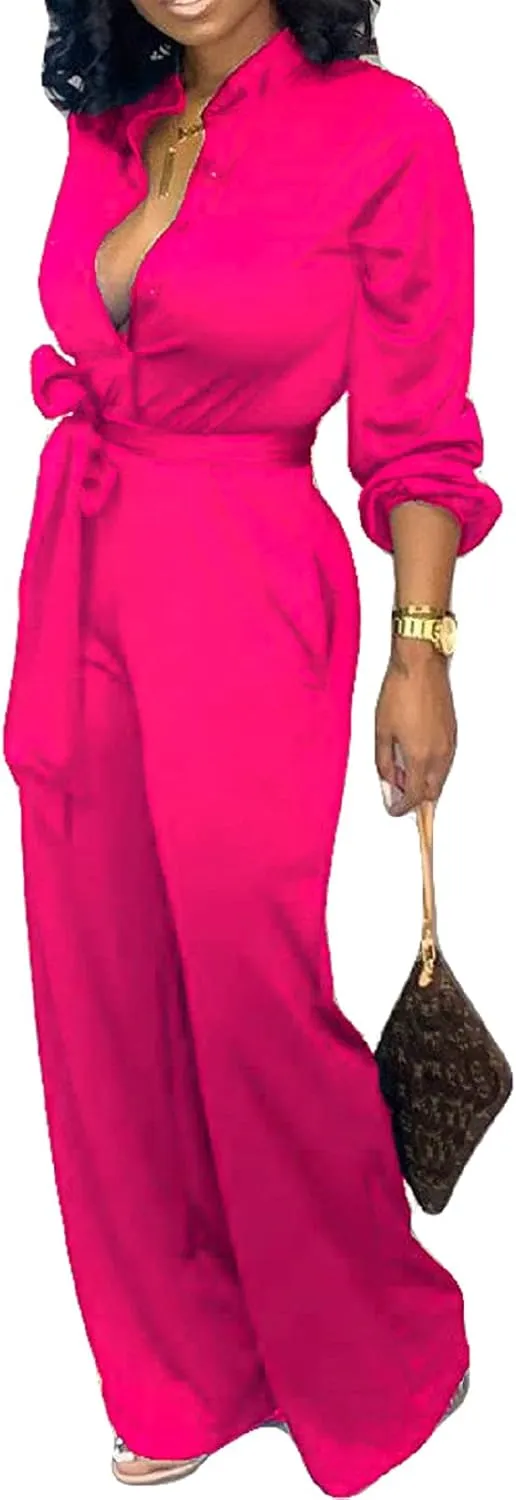 Yiershu Women's Jumpsuits Elegant Button Down Sexy V Neck Long Sleeve Bodycon Long Straight Pants With Belt
