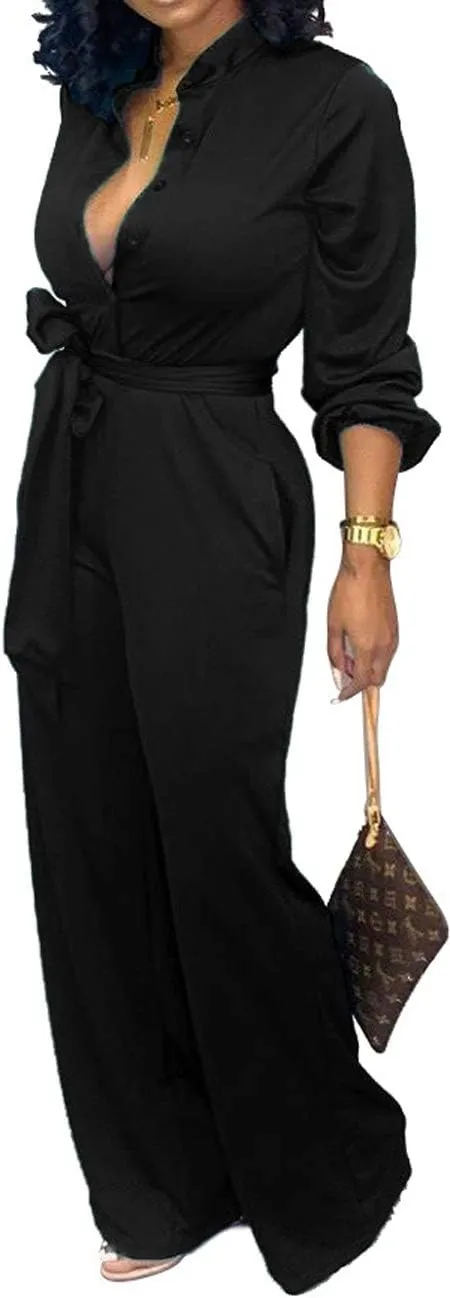 Yiershu Women's Jumpsuits Elegant Button Down Sexy V Neck Long Sleeve Bodycon Long Straight Pants With Belt