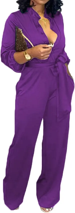 Yiershu Women's Jumpsuits Elegant Button Down Sexy V Neck Long Sleeve Bodycon Long Straight Pants With Belt