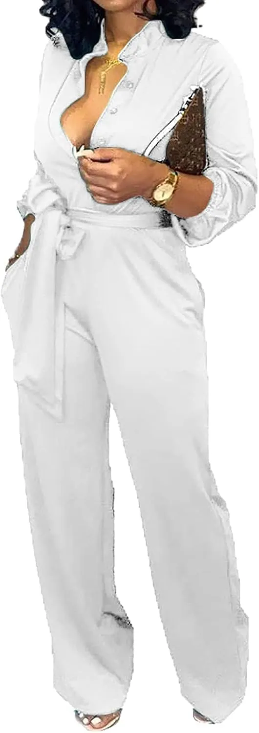 Yiershu Women's Jumpsuits Elegant Button Down Sexy V Neck Long Sleeve Bodycon Long Straight Pants With Belt