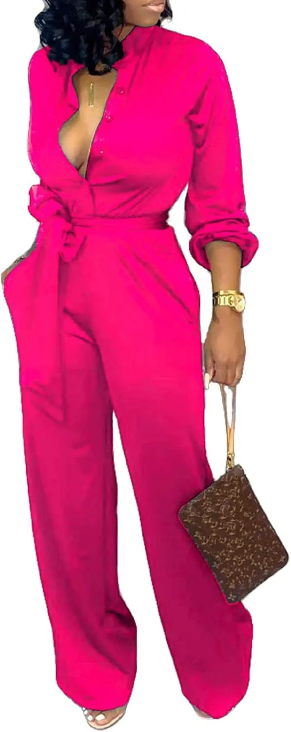 Yiershu Women's Jumpsuits Elegant Button Down Sexy V Neck Long Sleeve Bodycon Long Straight Pants With Belt