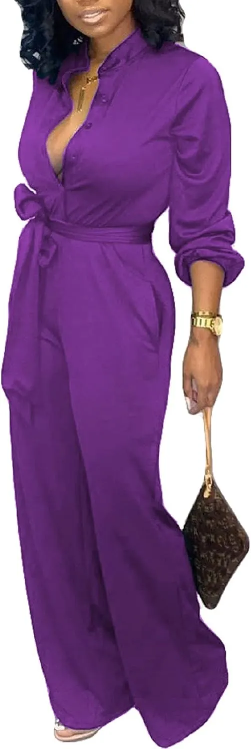 Yiershu Women's Jumpsuits Elegant Button Down Sexy V Neck Long Sleeve Bodycon Long Straight Pants With Belt