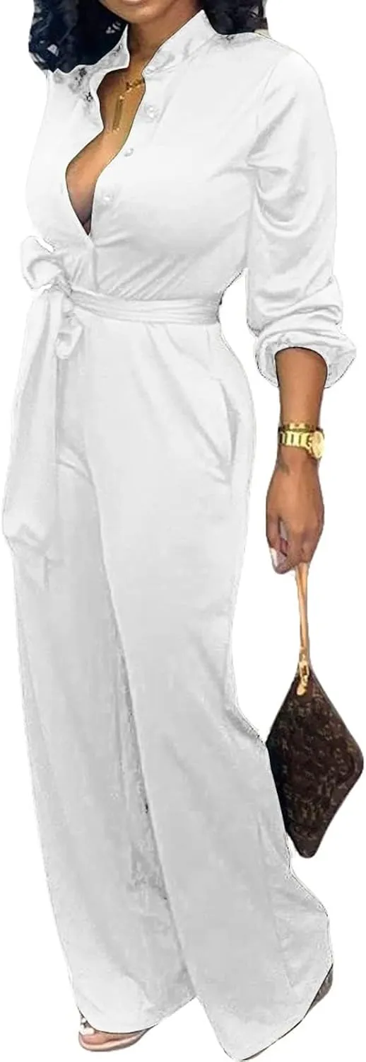 Yiershu Women's Jumpsuits Elegant Button Down Sexy V Neck Long Sleeve Bodycon Long Straight Pants With Belt
