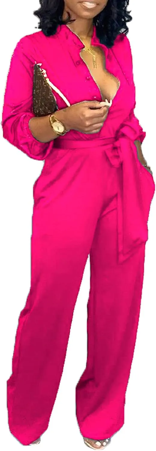 Yiershu Women's Jumpsuits Elegant Button Down Sexy V Neck Long Sleeve Bodycon Long Straight Pants With Belt