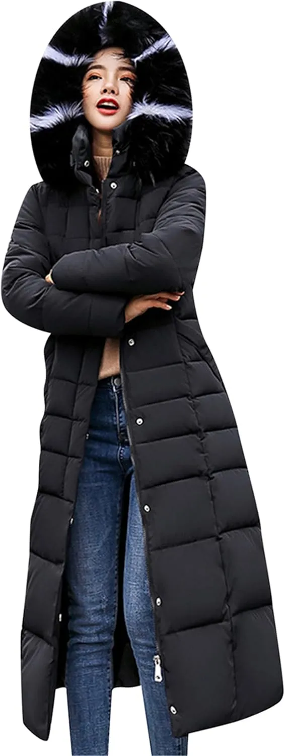 YMING Women's Winter Long Down Coat Pockets Maxi Down Parka Warm Puffer Jacket with Faux Fur Hood