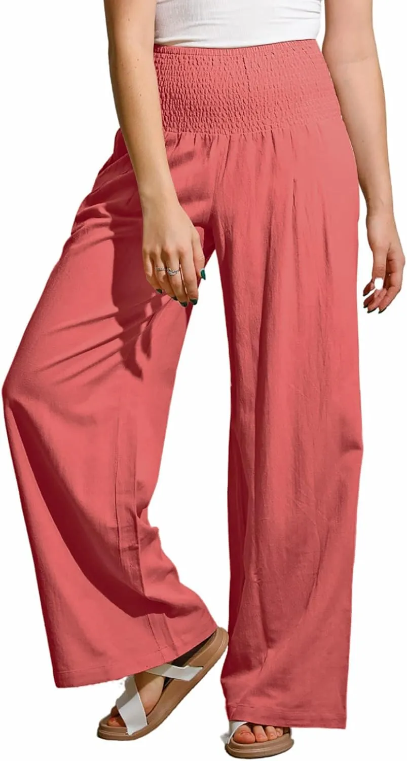 yoeasy Women Summer High Waisted Cotton Linen Palazzo Pants Wide Leg Long Trousers with Pocket