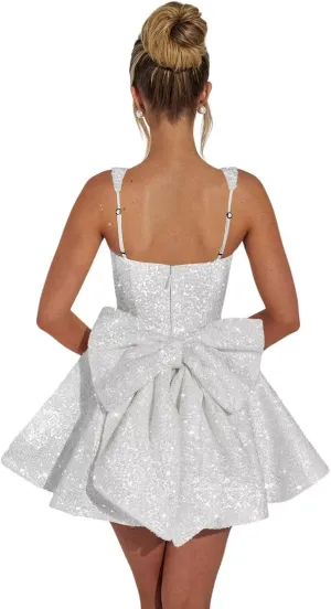 YOFF Sparkly Sequin Homecoming Dresses with Bow 2025 Short Spaghetti Straps A-line Evening Prom Cocktail Dress YO223