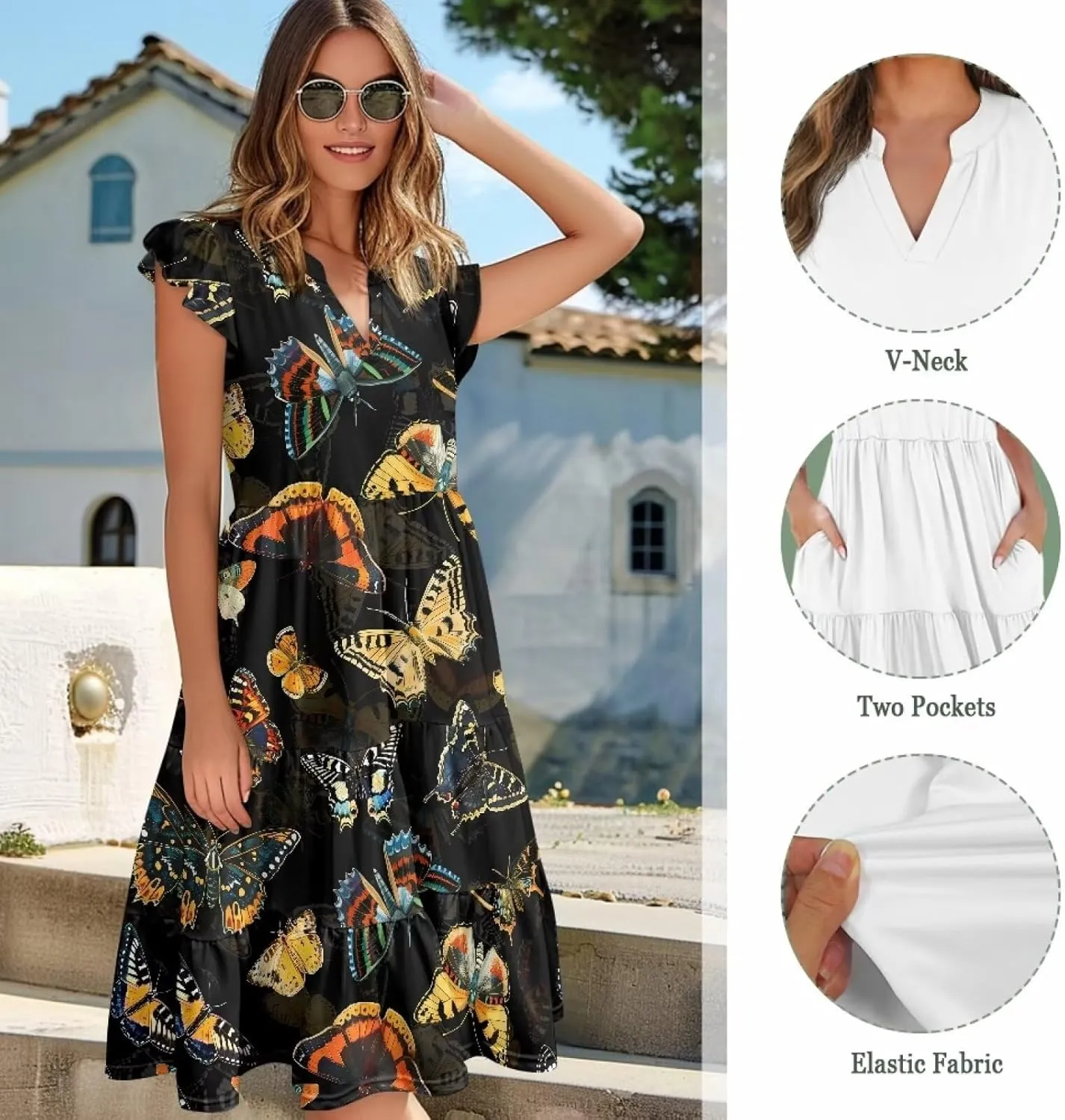 Youngerbaby Women Summer Dresses Midi Dress Flutter Sleeve Tiered Beach Dresses