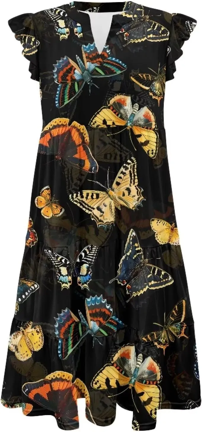 Youngerbaby Women Summer Dresses Midi Dress Flutter Sleeve Tiered Beach Dresses