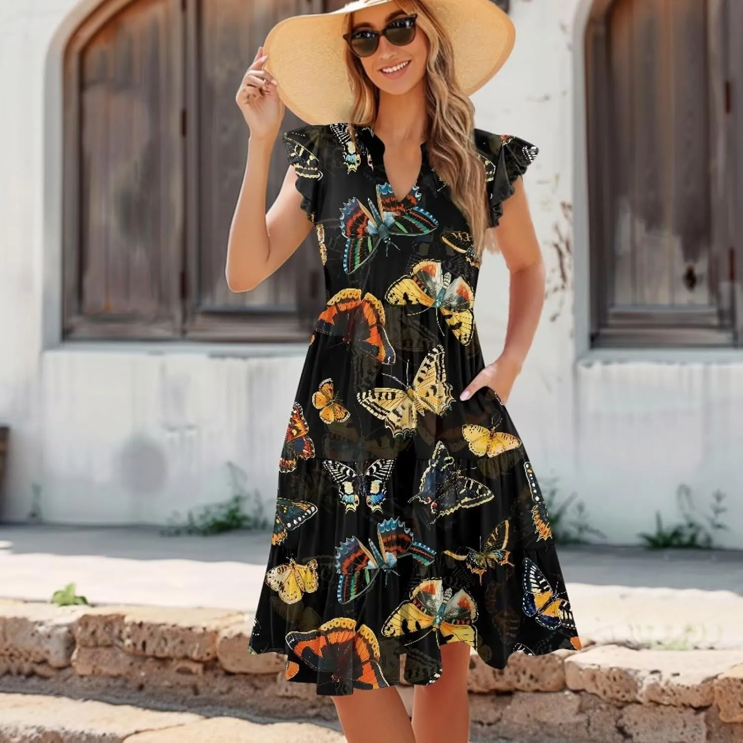 Youngerbaby Women Summer Dresses Midi Dress Flutter Sleeve Tiered Beach Dresses