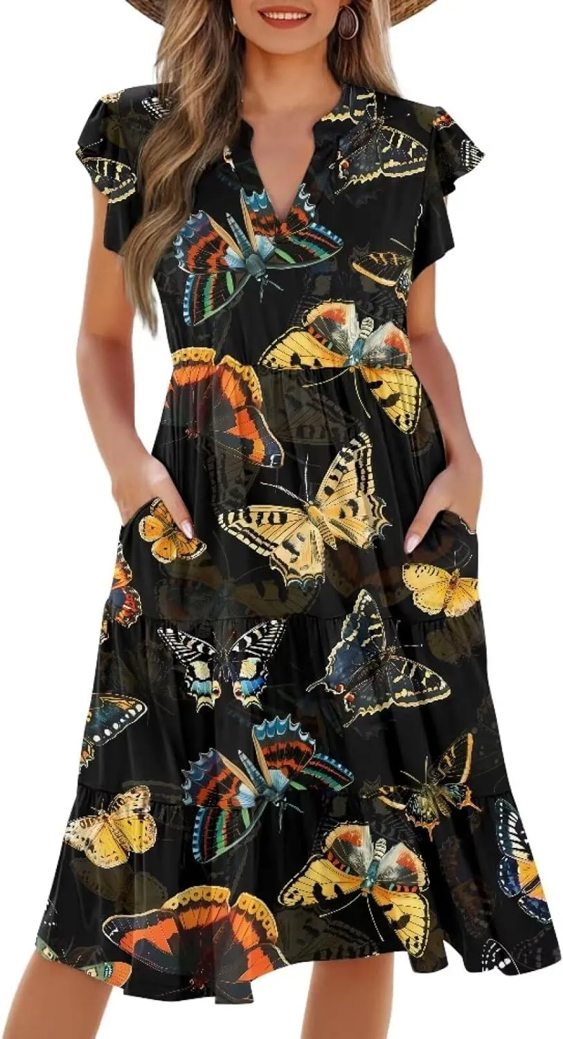 Youngerbaby Women Summer Dresses Midi Dress Flutter Sleeve Tiered Beach Dresses