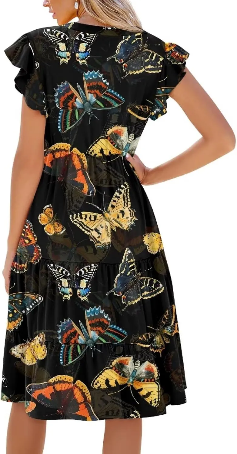 Youngerbaby Women Summer Dresses Midi Dress Flutter Sleeve Tiered Beach Dresses