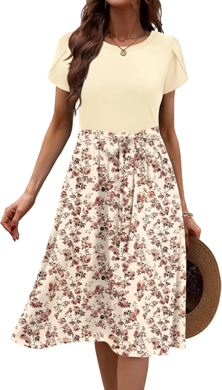 Zeagoo Womens Midi Dress Summer Short Sleeve Dress with Pockets 2025 Casual Floral T-Shirt Dress Flowy Beach Sundress