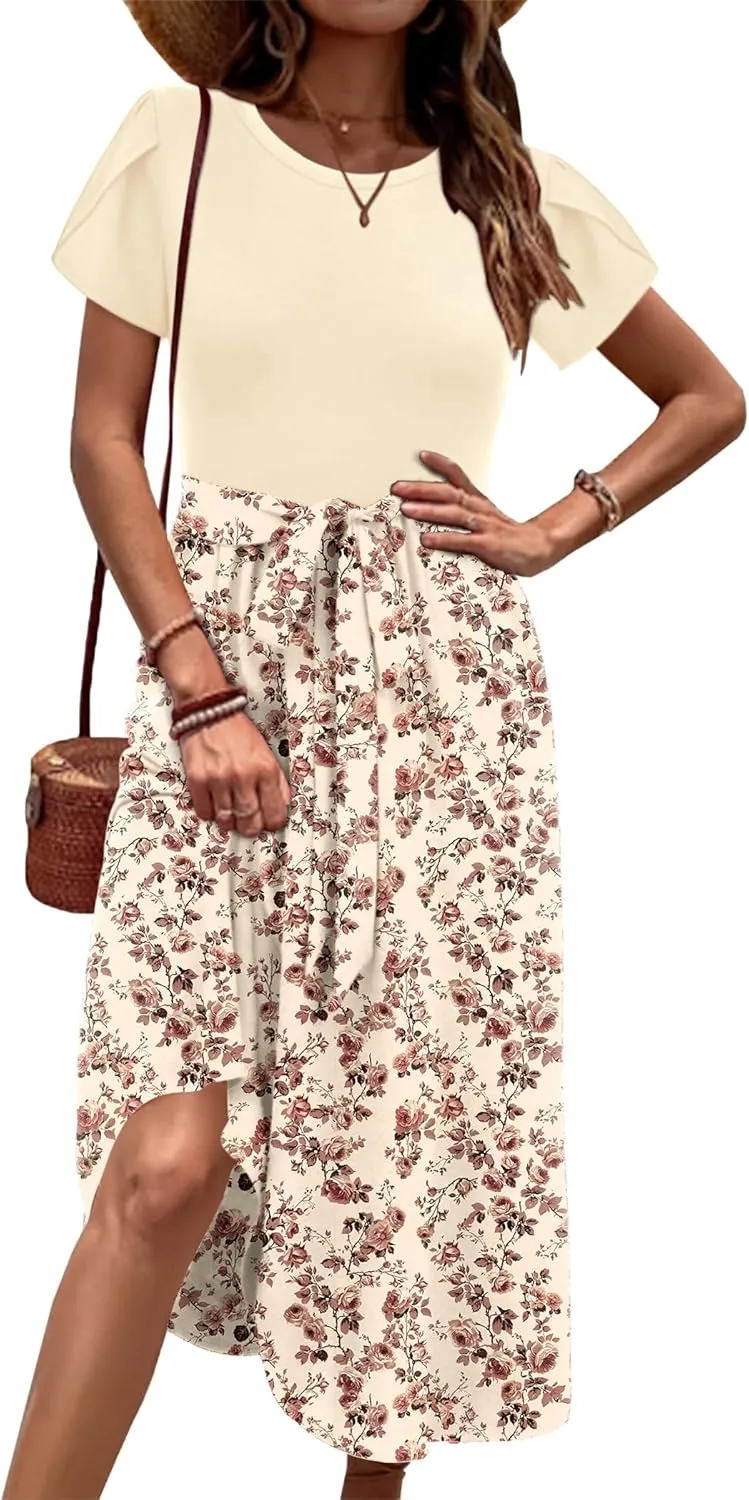 Zeagoo Womens Midi Dress Summer Short Sleeve Dress with Pockets 2025 Casual Floral T-Shirt Dress Flowy Beach Sundress