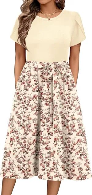 Zeagoo Womens Midi Dress Summer Short Sleeve Dress with Pockets 2025 Casual Floral T-Shirt Dress Flowy Beach Sundress