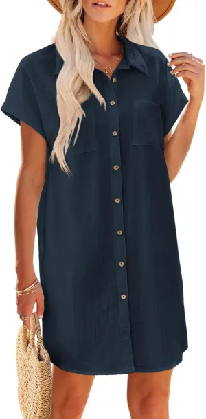 Zeagoo Women's Summer Dress 2025 Cotton Button Down Short Sleeve Tshirt Dresses Casual Flowy V Neck Loose Mini Beach Dress