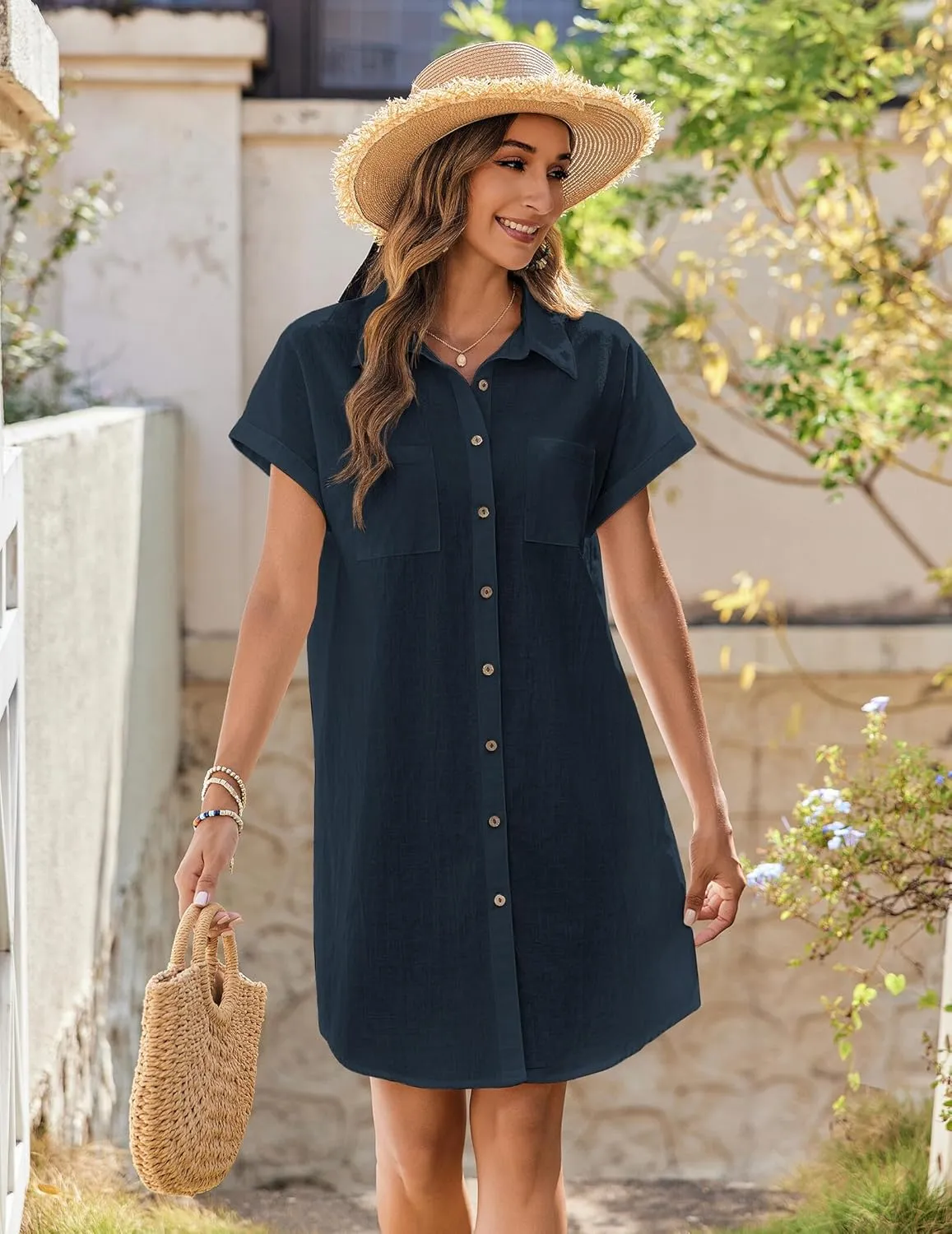 Zeagoo Women's Summer Dress 2025 Cotton Button Down Short Sleeve Tshirt Dresses Casual Flowy V Neck Loose Mini Beach Dress