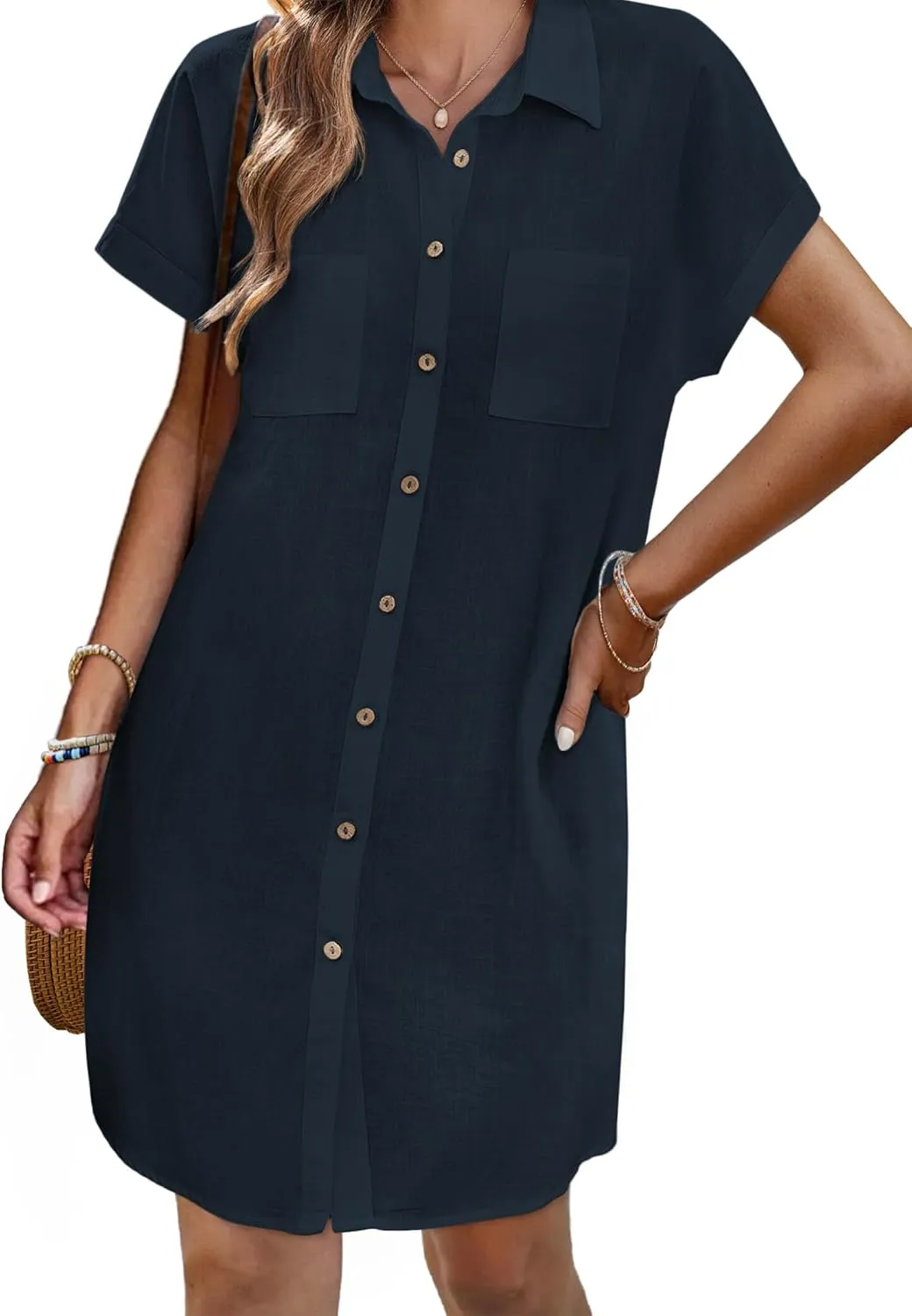 Zeagoo Women's Summer Dress 2025 Cotton Button Down Short Sleeve Tshirt Dresses Casual Flowy V Neck Loose Mini Beach Dress