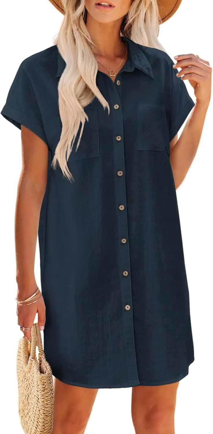 Zeagoo Women's Summer Dress 2025 Cotton Button Down Short Sleeve Tshirt Dresses Casual Flowy V Neck Loose Mini Beach Dress