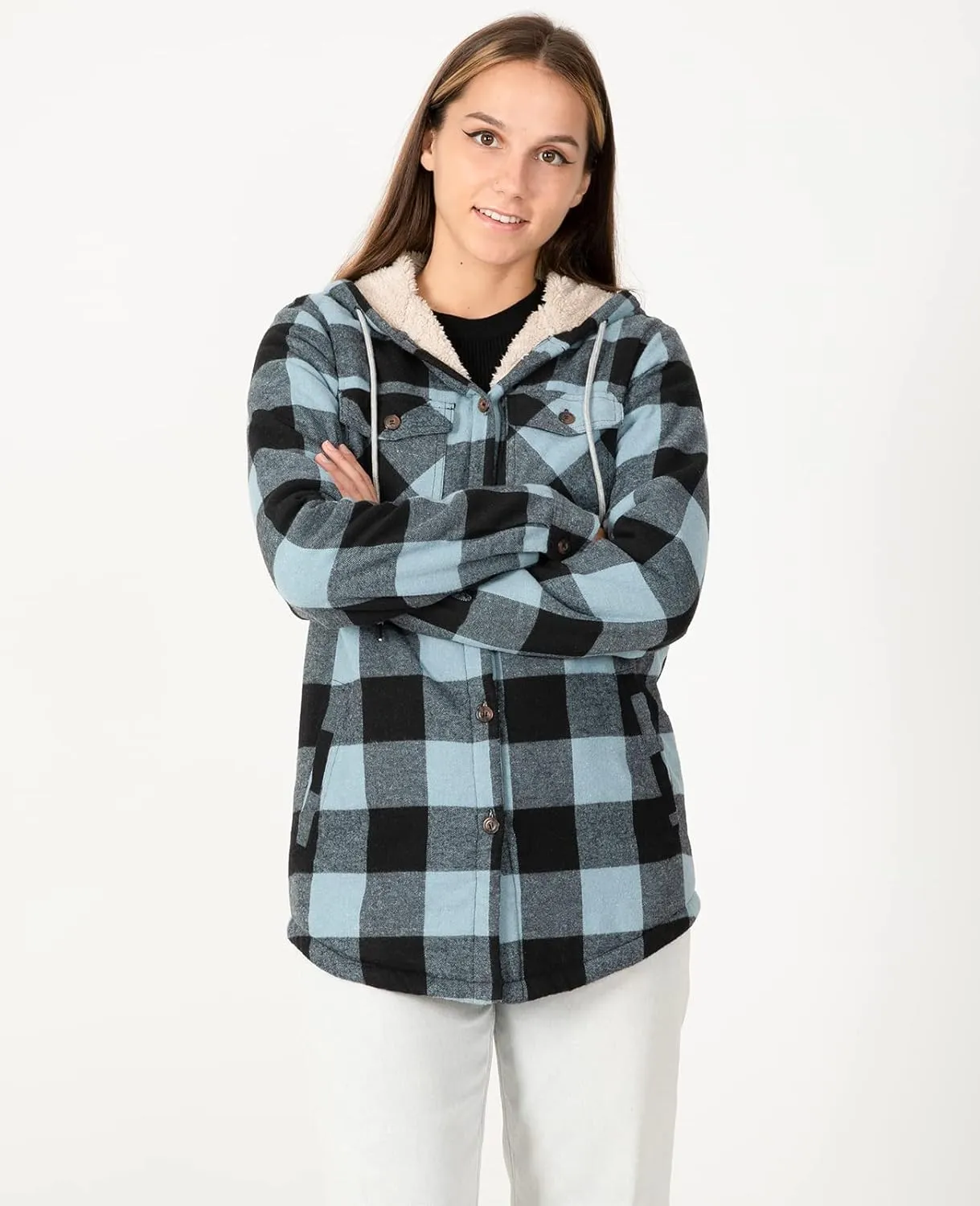 ZENTHACE Women's Sherpa Lined Plaid Flannel Jacket Button Down Hooded Flannel Shirt Jacket Warm Shacket(All Sherpa Lining)