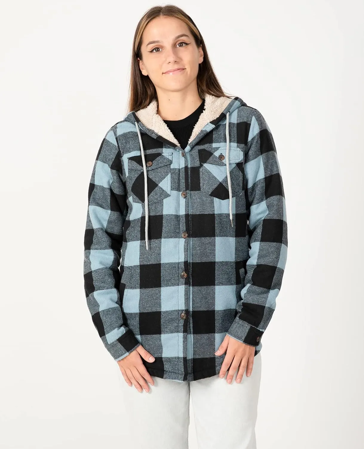 ZENTHACE Women's Sherpa Lined Plaid Flannel Jacket Button Down Hooded Flannel Shirt Jacket Warm Shacket(All Sherpa Lining)