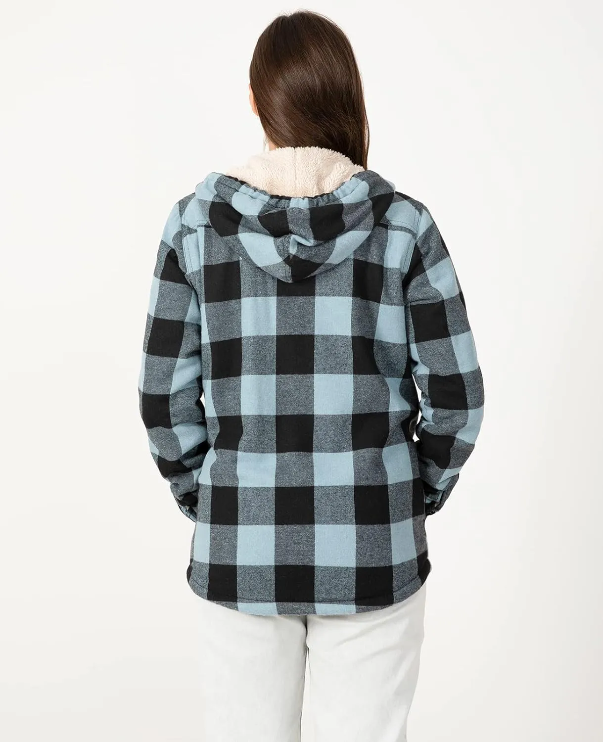 ZENTHACE Women's Sherpa Lined Plaid Flannel Jacket Button Down Hooded Flannel Shirt Jacket Warm Shacket(All Sherpa Lining)