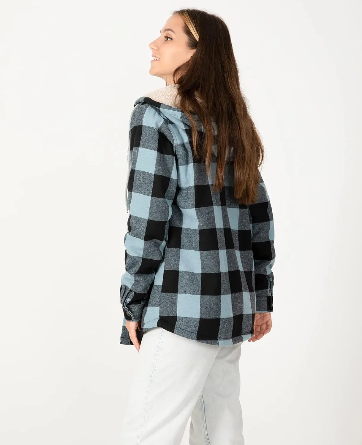 ZENTHACE Women's Sherpa Lined Plaid Flannel Jacket Button Down Hooded Flannel Shirt Jacket Warm Shacket(All Sherpa Lining)