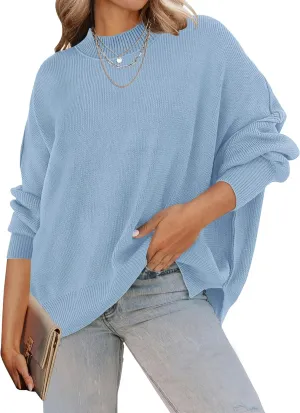 ZESICA Women's Fall Casual Long Sleeve Crew Neck Side Slit Oversized Ribbed Knit Pullover Sweater Tops