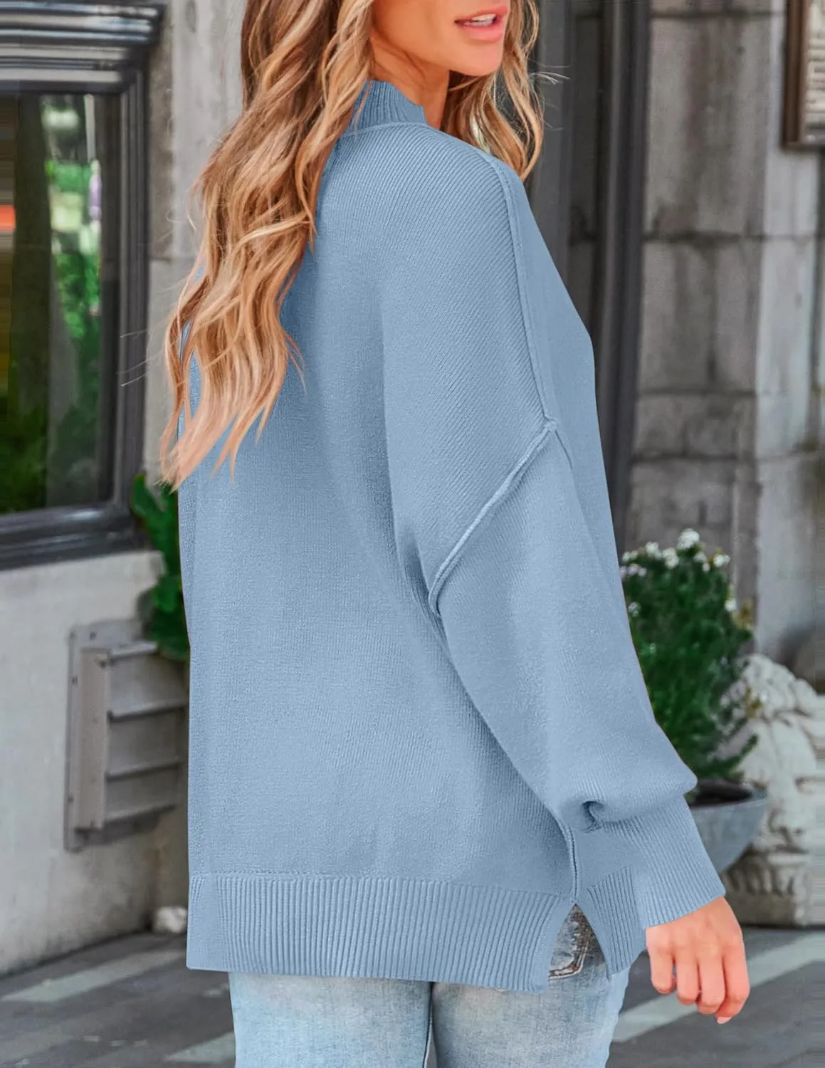 ZESICA Women's Fall Casual Long Sleeve Crew Neck Side Slit Oversized Ribbed Knit Pullover Sweater Tops