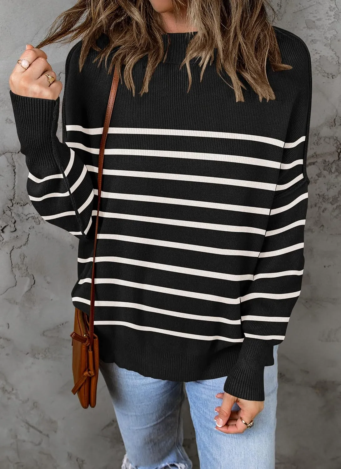 ZESICA Women's Fall Casual Long Sleeve Crew Neck Side Slit Oversized Ribbed Knit Pullover Sweater Tops