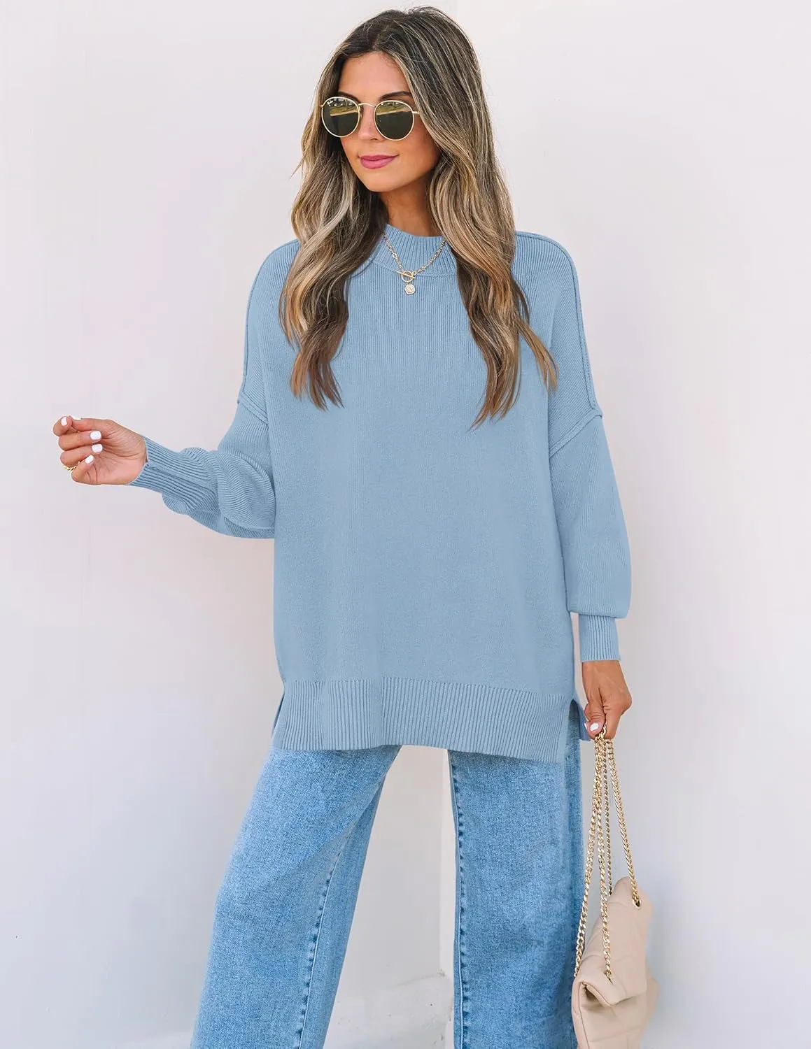 ZESICA Women's Fall Casual Long Sleeve Crew Neck Side Slit Oversized Ribbed Knit Pullover Sweater Tops