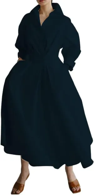 ZOCAVIA Women's Cotton Linen Maxi Shirt Dress Plus Size Work Dressy Long Sleeve Lapel Button Pleated Dress with Pockets
