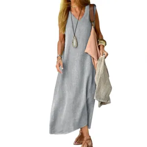 ZOCAVIA Women's Cotton Linen Sleeveless Maxi Dress Summer Loose Long Tank Dress Sundress with Pockets Beach Vacation Outfits