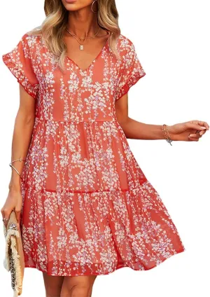 ZOCAVIA Women's Summer Boho Floral Mini Dress Wrap V Neck Ruffle Cap Sleeve A-Line Dresse Flowy Sun Dress Beach Dress