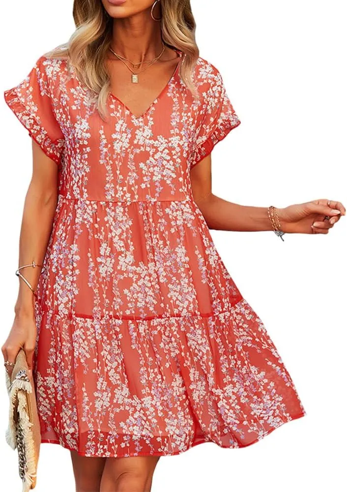 ZOCAVIA Women's Summer Boho Floral Mini Dress Wrap V Neck Ruffle Cap Sleeve A-Line Dresse Flowy Sun Dress Beach Dress