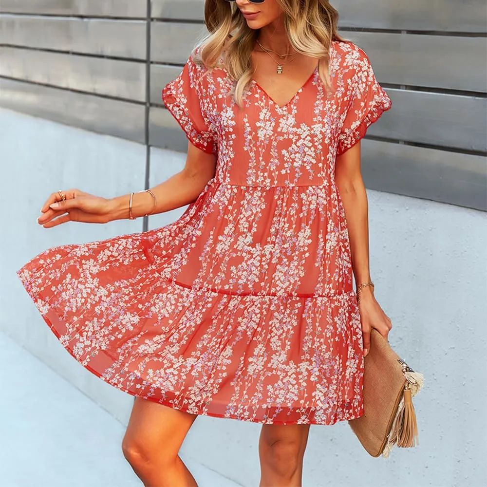 ZOCAVIA Women's Summer Boho Floral Mini Dress Wrap V Neck Ruffle Cap Sleeve A-Line Dresse Flowy Sun Dress Beach Dress