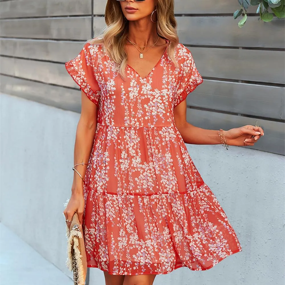 ZOCAVIA Women's Summer Boho Floral Mini Dress Wrap V Neck Ruffle Cap Sleeve A-Line Dresse Flowy Sun Dress Beach Dress