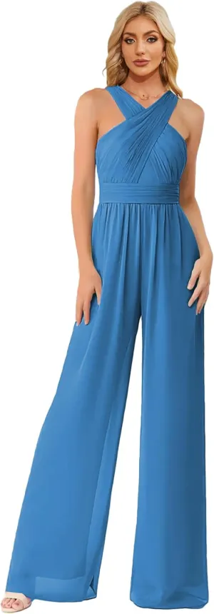 Zoghoo Chiffon Formal Jumpsuits for Women Wedding Halter Long Wide Leg Pants Rompers One Piece Outfits