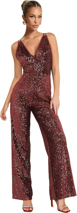 Zoghoo Sequin Formal Jumpsuits for Women Sparkly Prom Dresses Long Wide Leg Pants V Neck Rompers