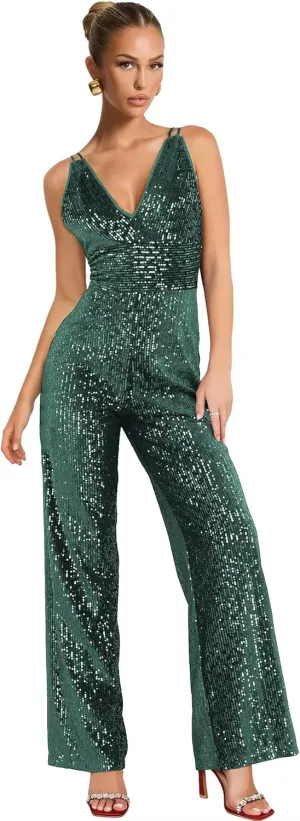 Zoghoo Sequin Formal Jumpsuits for Women Sparkly Prom Dresses Long Wide Leg Pants V Neck Rompers
