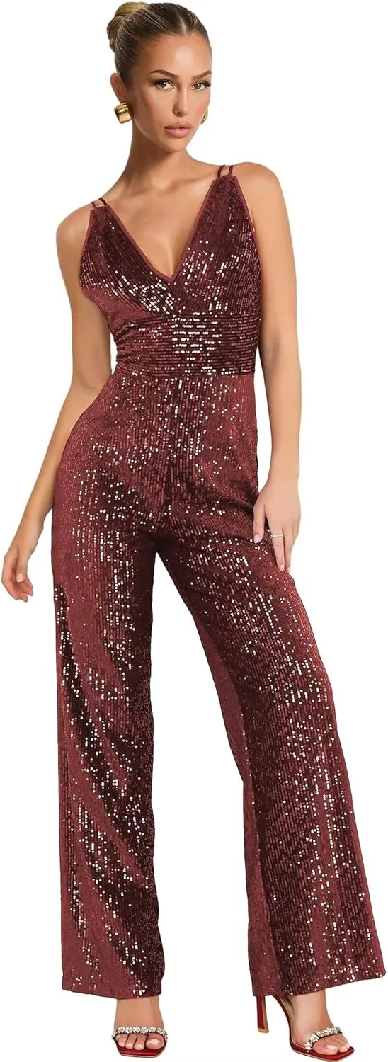 Zoghoo Sequin Formal Jumpsuits for Women Sparkly Prom Dresses Long Wide Leg Pants V Neck Rompers