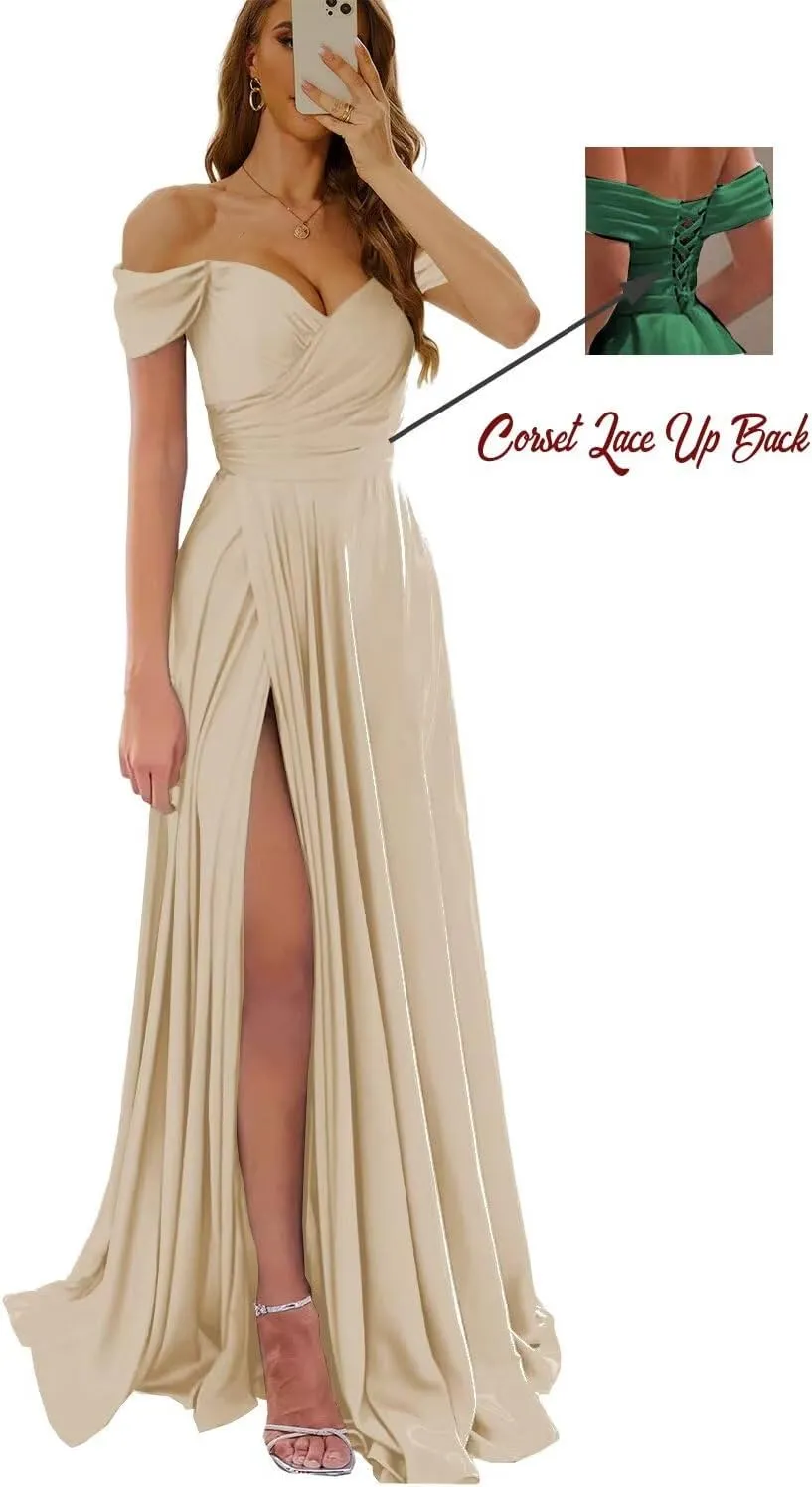Zoghoo Women's Off The Shoulder Prom Dress with Slit Satin Bridesmaid Dresses for Wedding Long Formal Gown