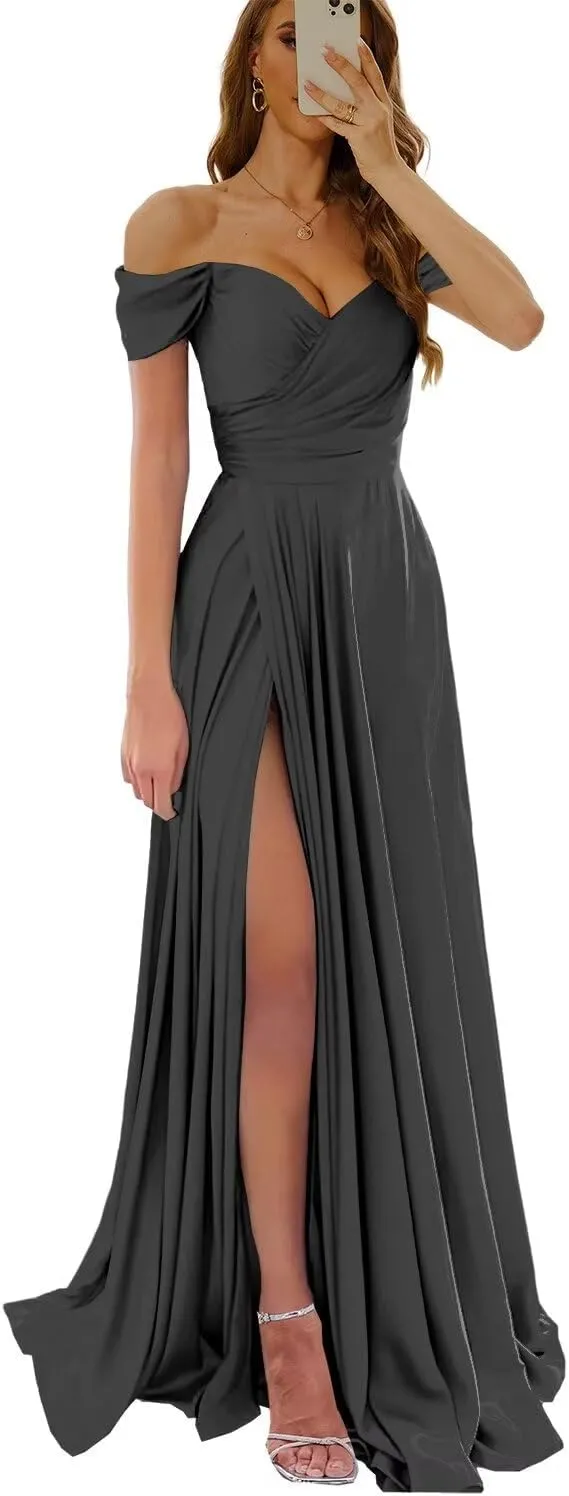 Zoghoo Women's Off The Shoulder Prom Dress with Slit Satin Bridesmaid Dresses for Wedding Long Formal Gown