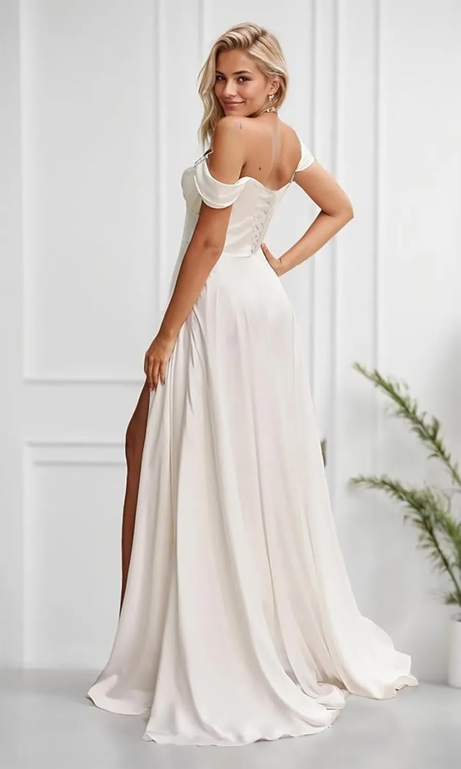 Zoghoo Women's Off The Shoulder Prom Dress with Slit Satin Bridesmaid Dresses for Wedding Long Formal Gown